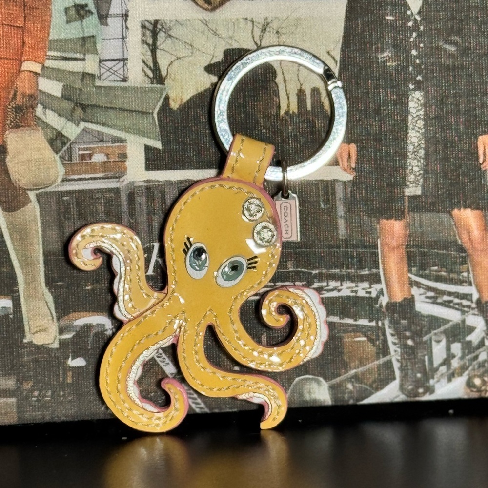 Coach Yellow Leather Octopus Keyring Charm with Crystal Accents